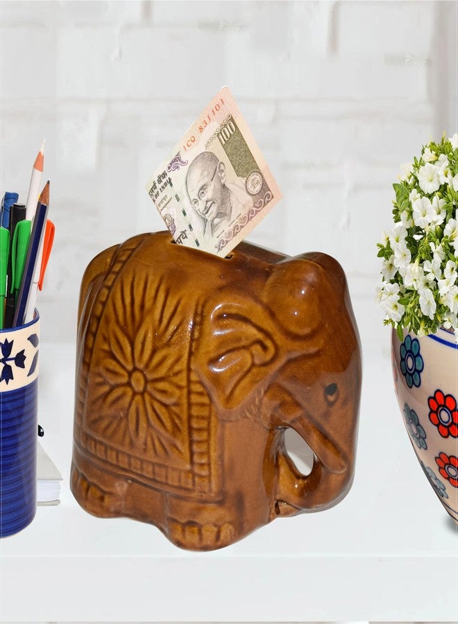 Pure Source India Ceramic Elephant Shape Coin Bank Money Saving Bank Toy Bank Piggy Bank (Brown) (L- 6 INCH) - Image 2